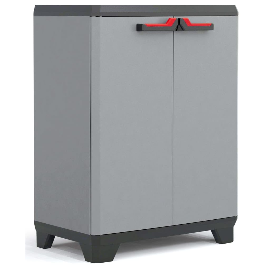Keter Stilo Low Indoor Garage Utility Multi purpose Cabinet - Grey/Black/Red