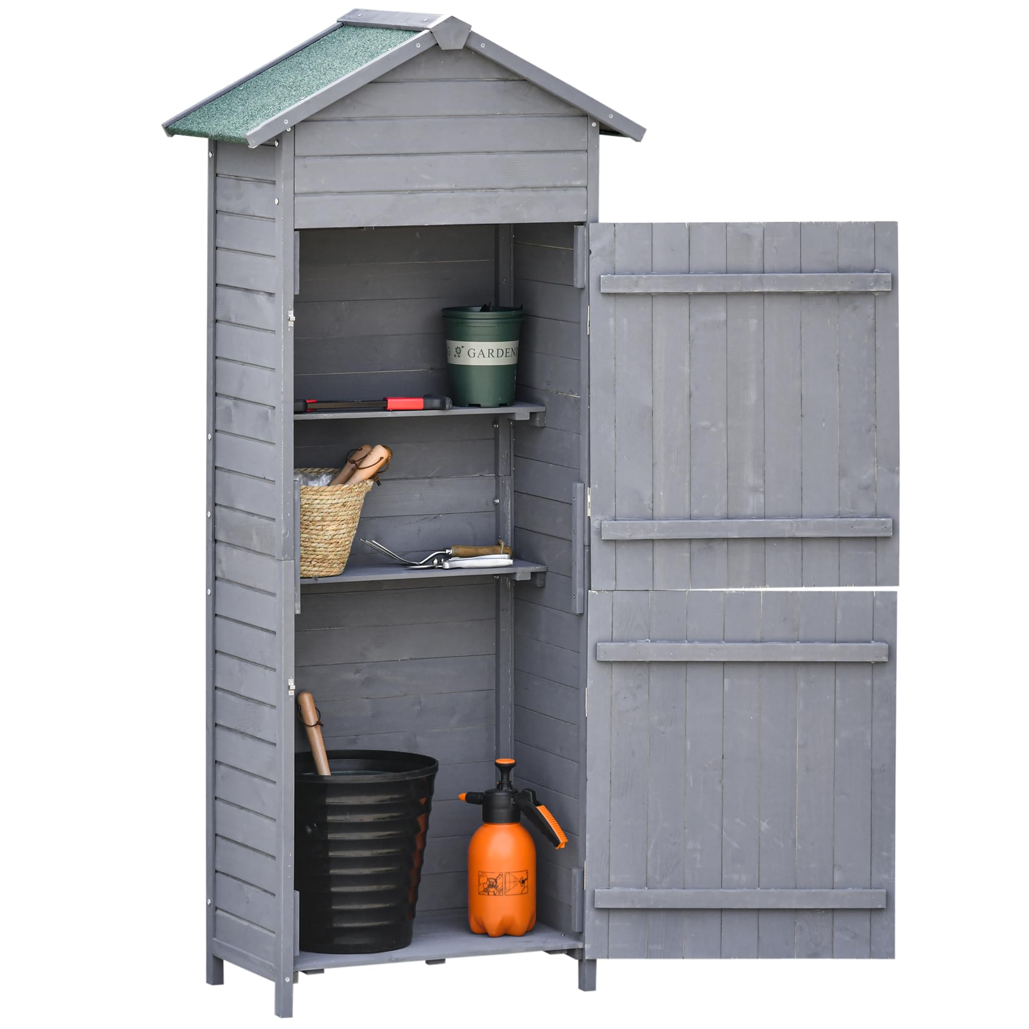 Outsunny Wooden Garden Storage Shed Utility Gardener Cabinet w/ 3 Shelves, Tilted-felt Roof and Two Lockable Doors, 189cm x 82cm x 49cm, Dark Grey