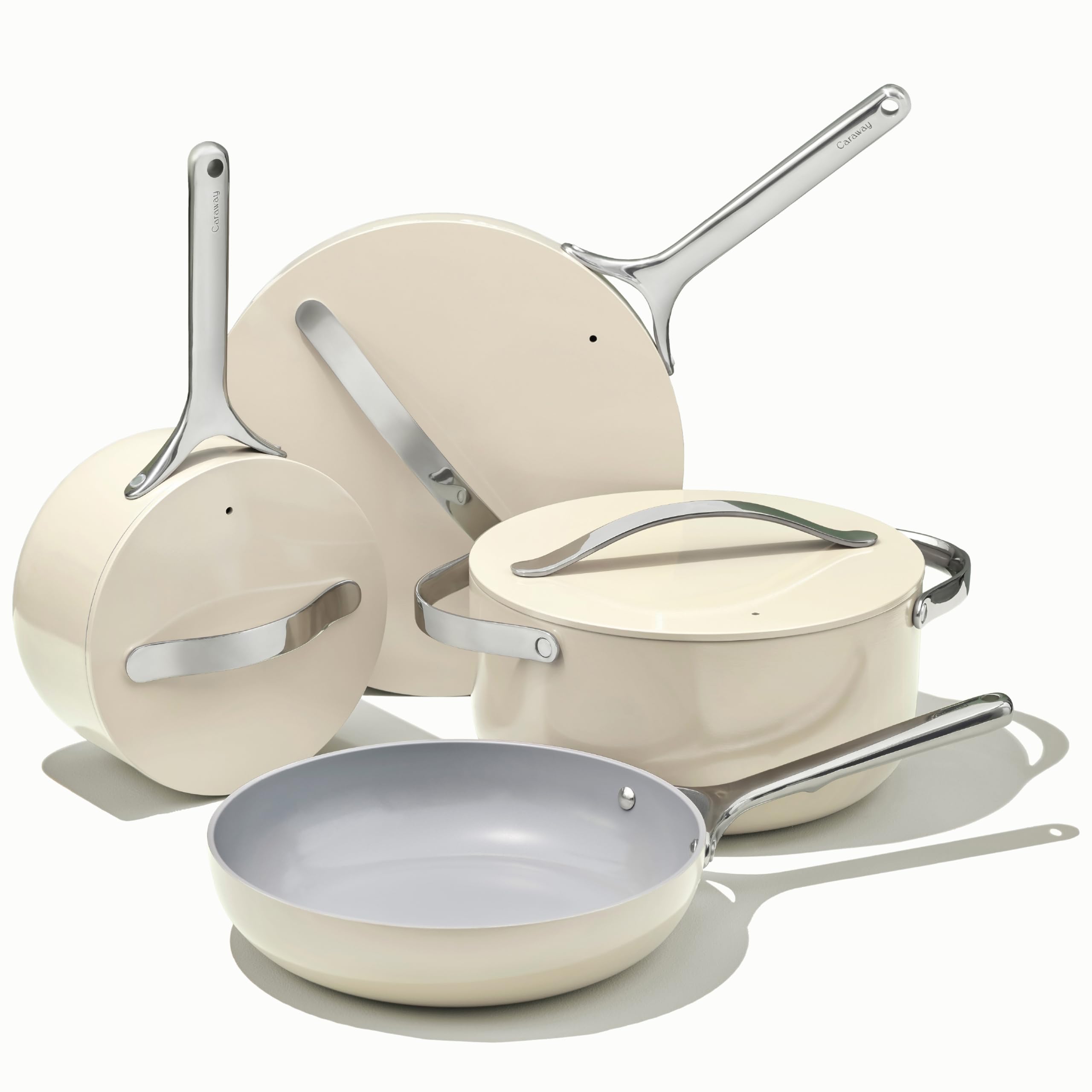 Caraway Nonstick Ceramic Cookware Set (12 Piece) Pots, Pans, 3 Lids and Kitchen Storage - Non Toxic, PTFE & PFOA Free - Oven Safe & Compatible with All Stovetops (Gas, Electric & Induction) - Cream