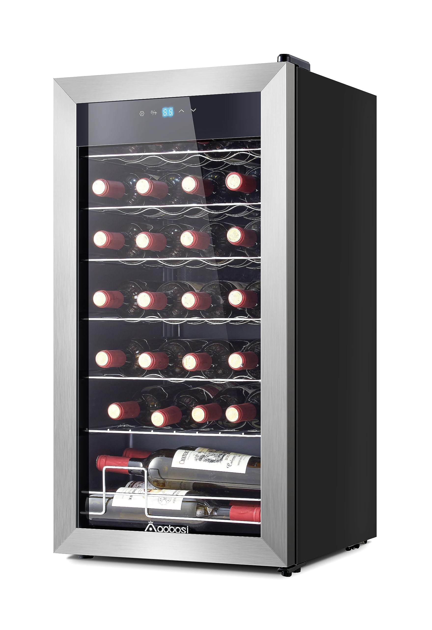 AAOBOSI 17 Inch Compressor Wine Cooler, 28 Bottle Wine Refrigerator with Stainless Steel Tempered Glass Door for Red, White or Champagne, Memory Function, Wine Fridge Freestanding and Built-in