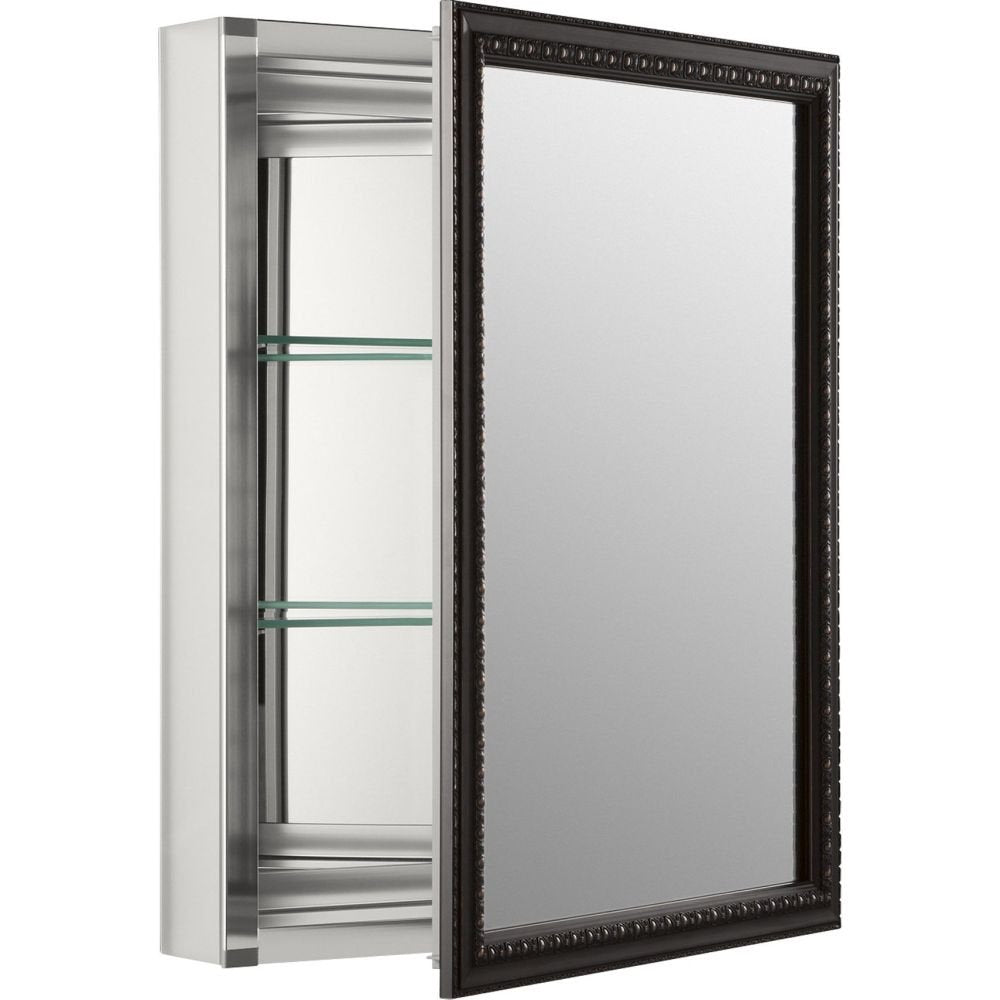 KOHLER 2967-BR1 20" W x 26" H Bathroom Medicine Cabinet with Framed Mirror Door, Recessed or Surface Mount Bathroom Wall Cabinet, Oil-Rubbed Bronze