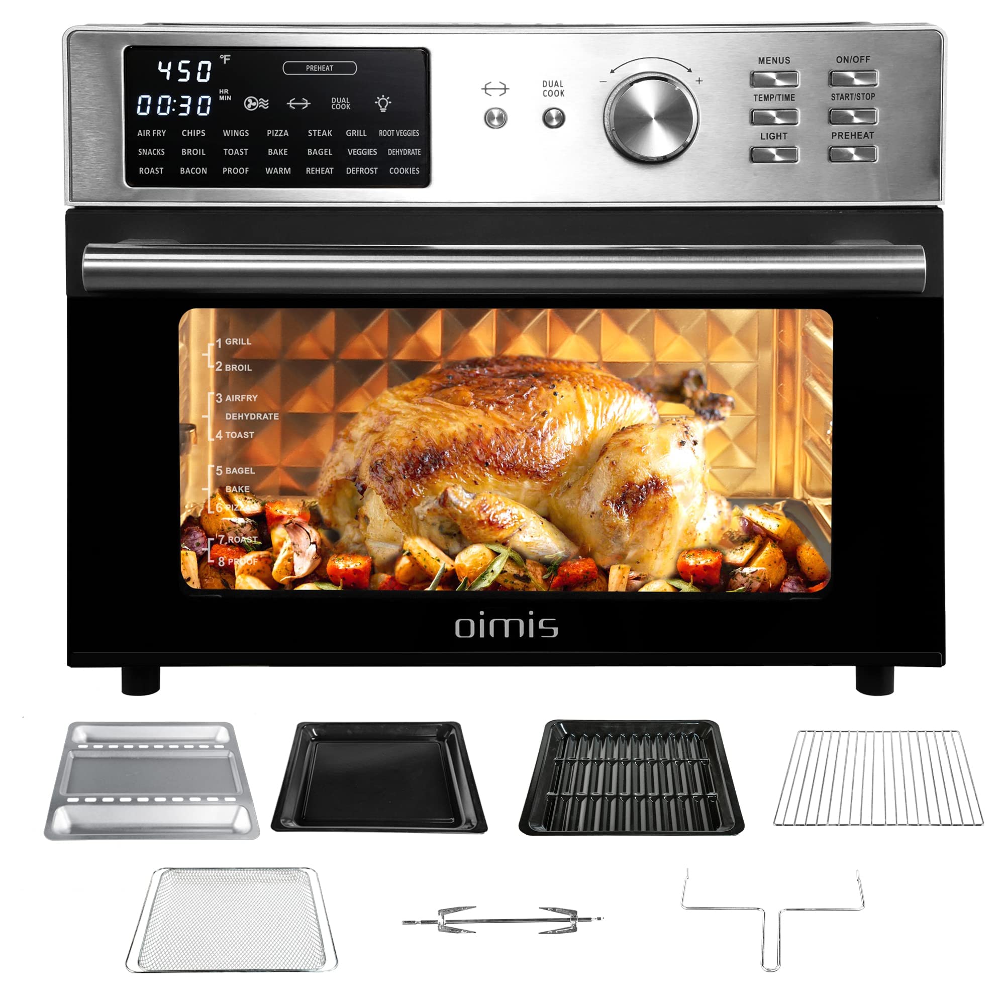OIMIS Air Fryer Toaster Oven, 32QT Stainless Steel Toaster Oven 21-in-1 Extra Large Countertop Convection Rotisserie Oven Patented Dual Air Duct System with 7 Accessories Recipes